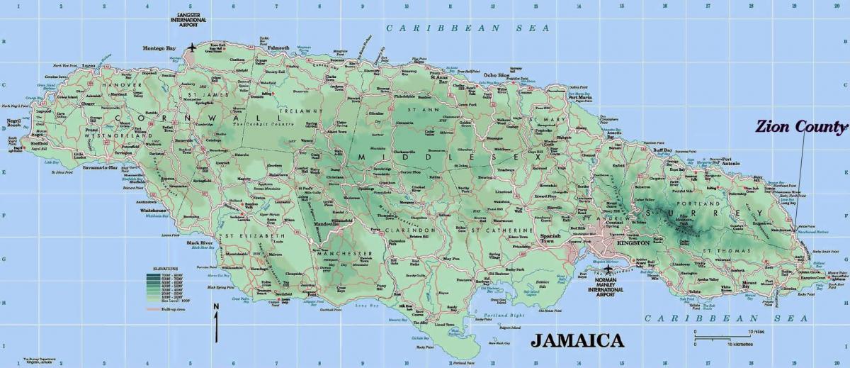 fizični zemljevid jamajka, ki prikazuje gora