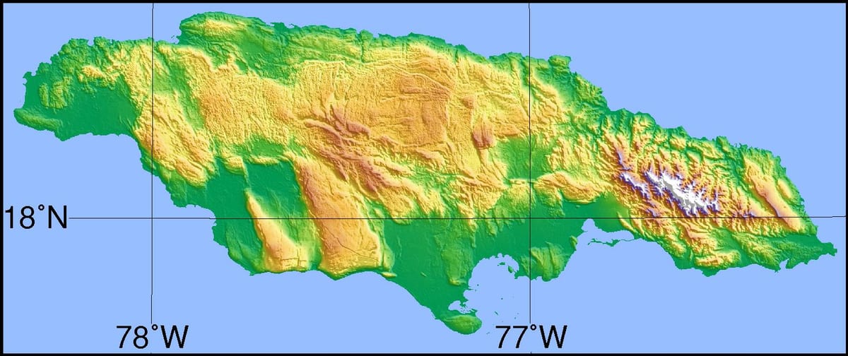 zemljevid jamajka, ki prikazuje gore, ravnice in dolinah
